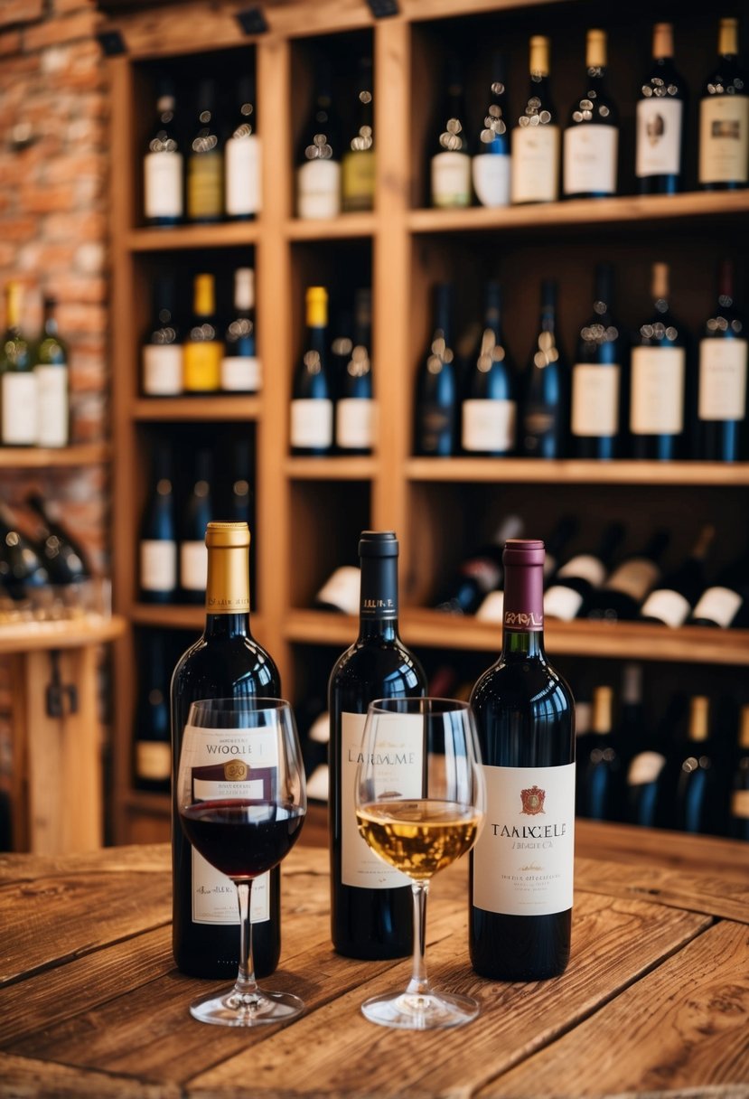 A cozy wine tasting in a charming Latin Quarter setting, with rustic wooden tables and shelves filled with bottles of various wines