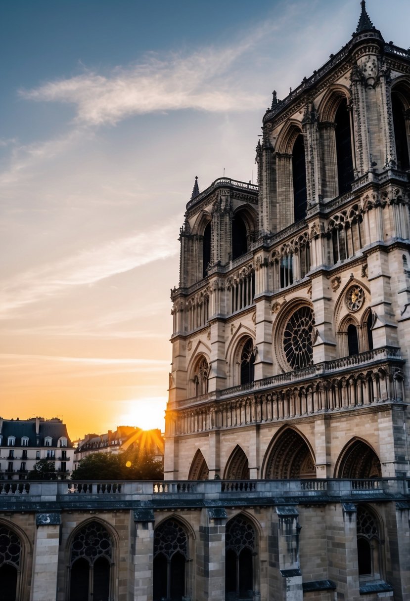The sun sets behind Notre-Dame Cathedral, casting a warm glow over the ancient stone façade and intricate stained glass windows