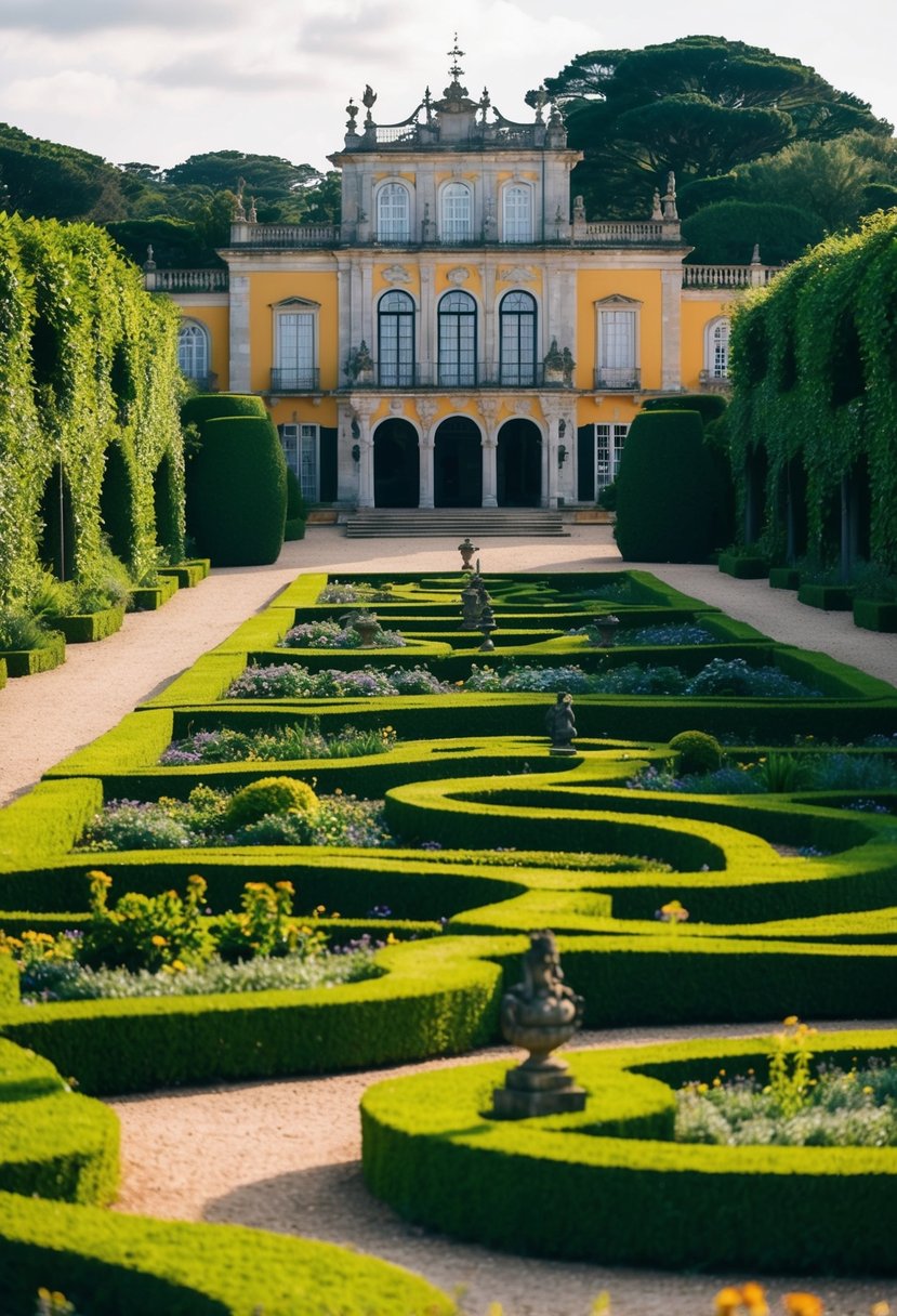 Lush gardens surround a romantic palace with ornate architecture and winding paths leading to hidden grottos and mystical symbols at Quinta da Regaleira in Portugal