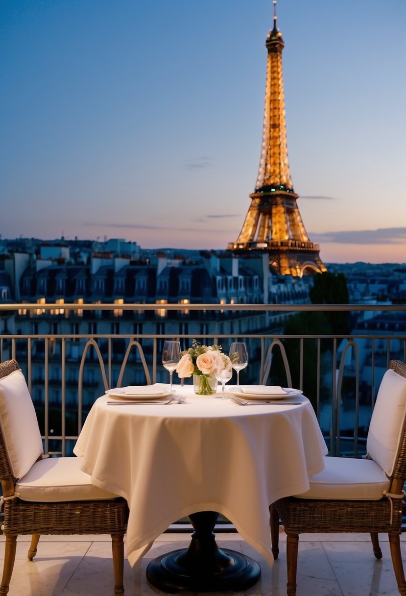 A romantic evening at Hôtel Plaza Athénée, with the Eiffel Tower in the background and a table set for two on a private balcony overlooking the city of Paris