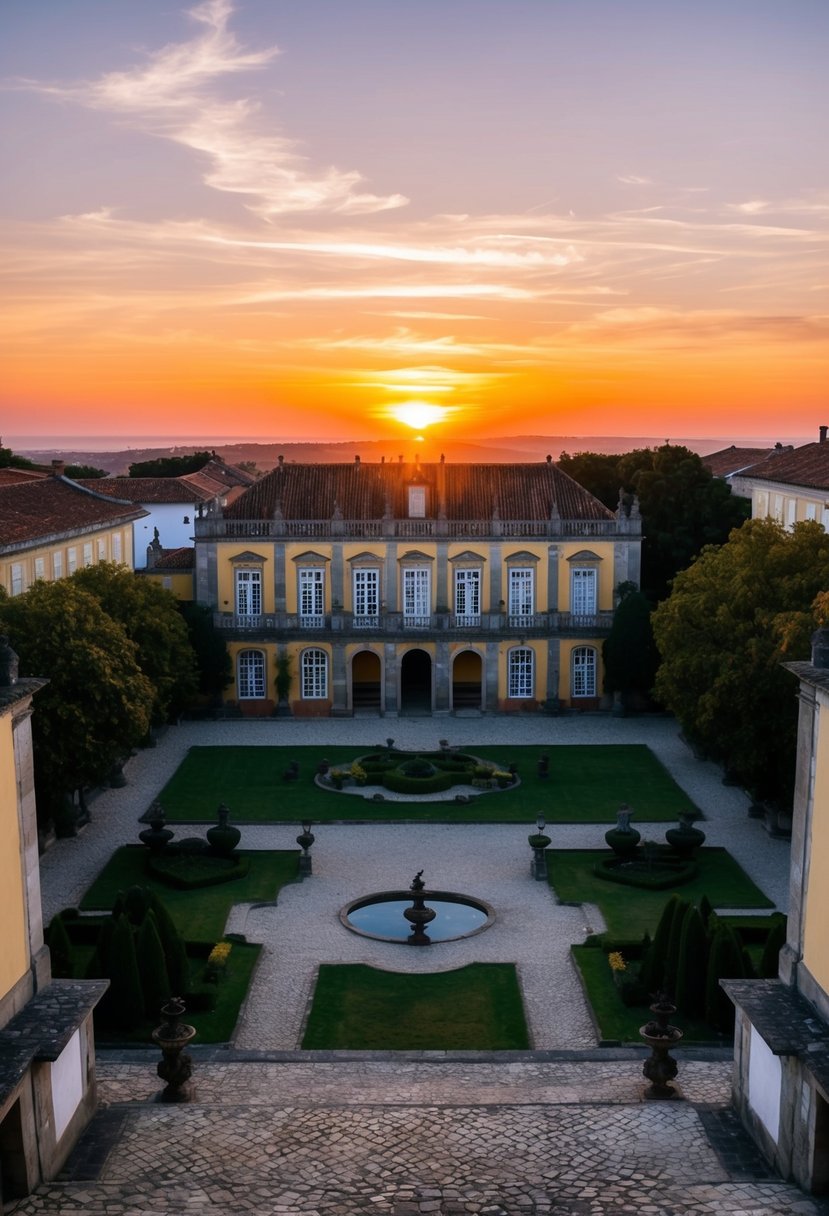 A romantic sunset over the historic Palácio dos Duques de Bragança in Portugal, with lush gardens and a tranquil courtyard
