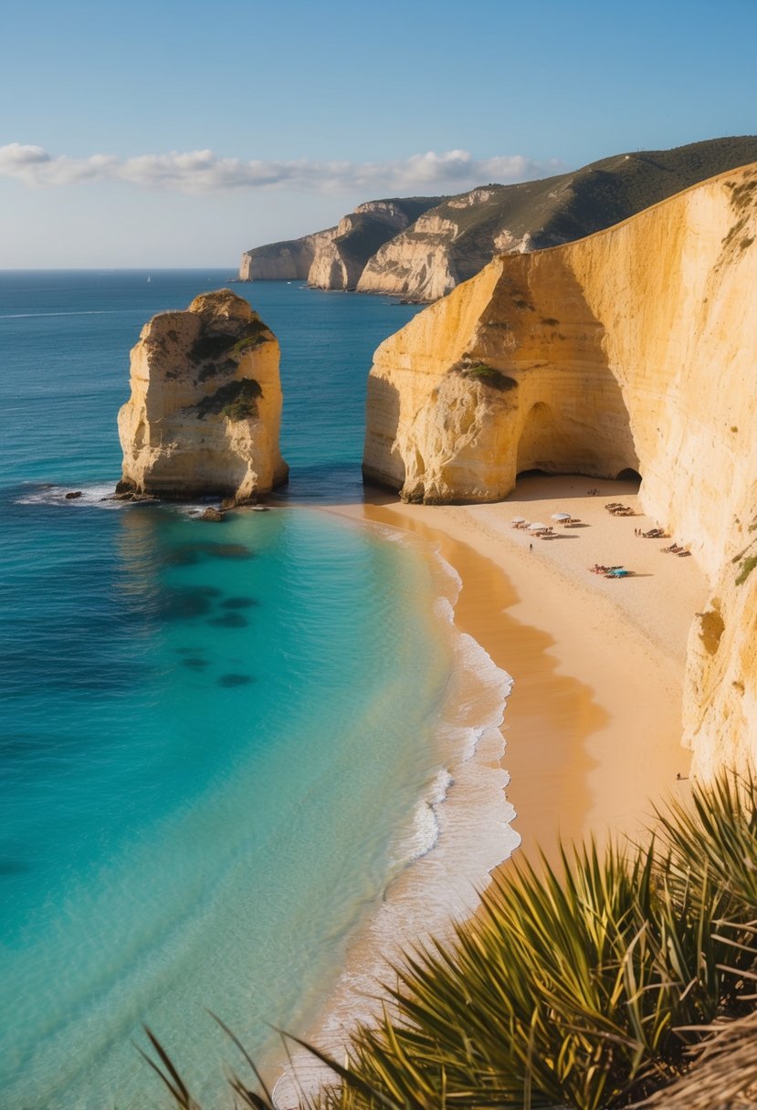 A secluded beach with golden cliffs, clear turquoise waters, and a peaceful atmosphere, perfect for a romantic getaway in Portugal