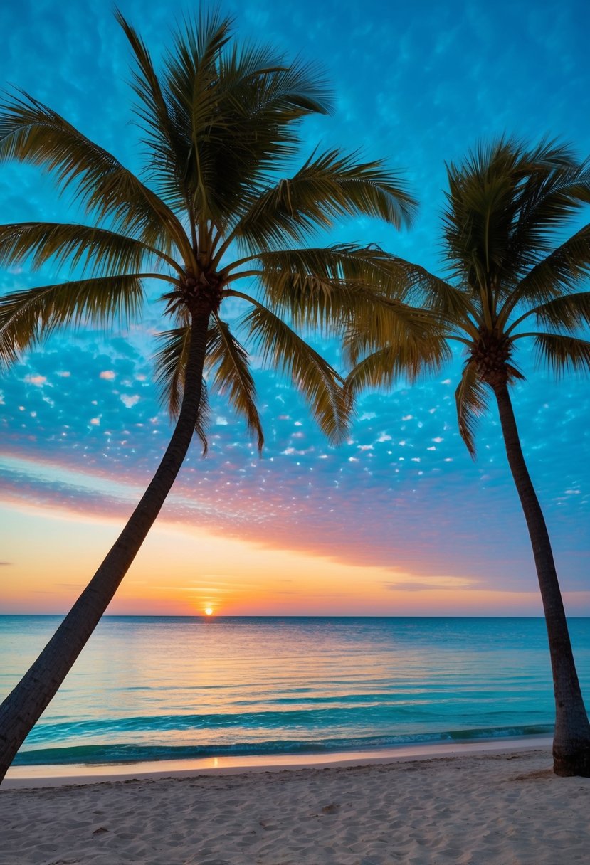 A serene beach at sunset, with palm trees, clear blue water, and a colorful sky