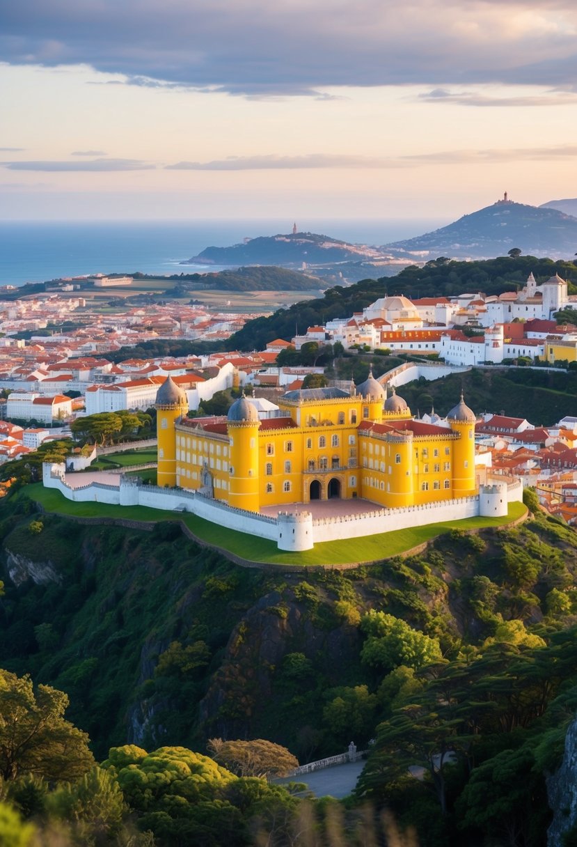 The Pena Palace sits atop a lush green hill, surrounded by colorful gardens and overlooking the picturesque town of Sintra, Portugal