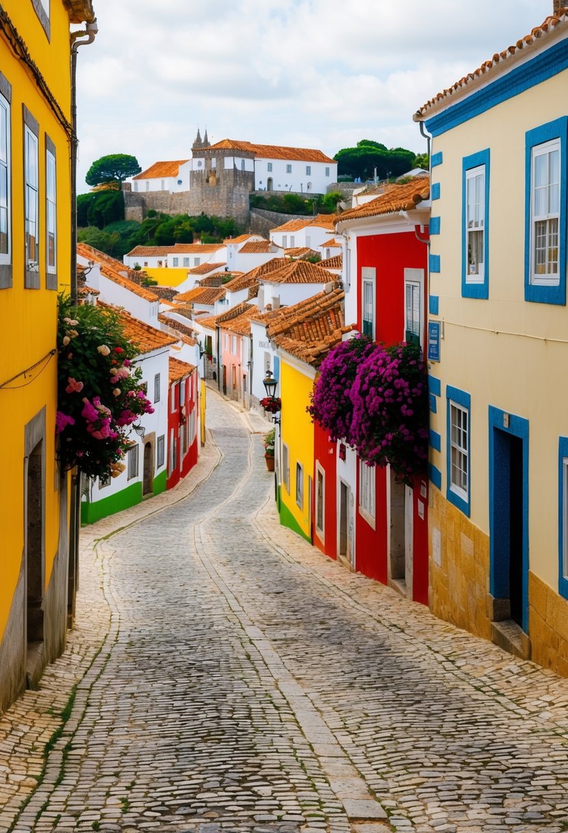 A charming cobblestone street winds through the historic hilltop village of Obidos, Portugal, with colorful buildings and blooming flowers lining the path
