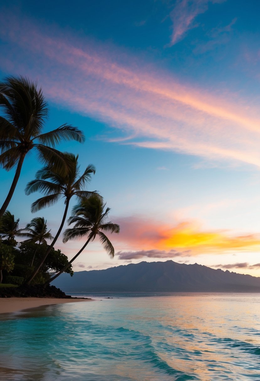A serene beach at sunset with palm trees, crystal clear water, and a colorful sky over the horizon in Maui, Hawaii