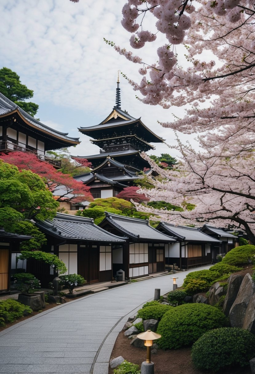 A serene garden with blooming cherry blossoms and traditional tea houses nestled among the historic streets of Kyoto, Japan