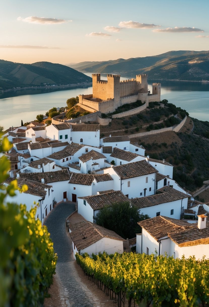 A picturesque village atop a hill overlooking the Alqueva Dam, with narrow cobblestone streets and whitewashed houses. A medieval castle stands at the center, surrounded by vineyards and olive groves