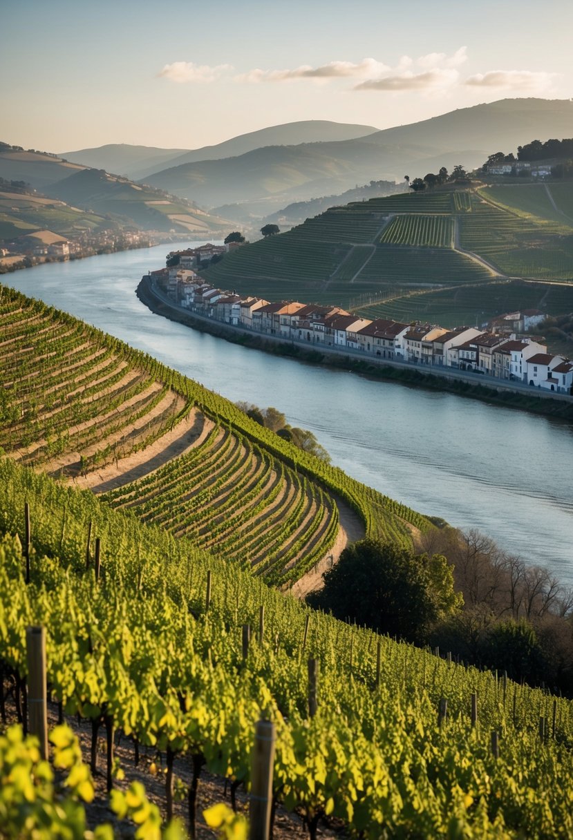 A serene vineyard overlooks the winding Douro River, framed by terraced hills and quaint villages in the distance