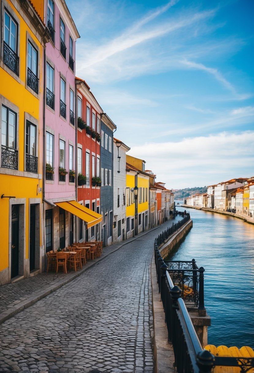 A charming cobblestone street lined with colorful buildings and outdoor cafes, overlooking the Douro River in Ribeira District, Portugal