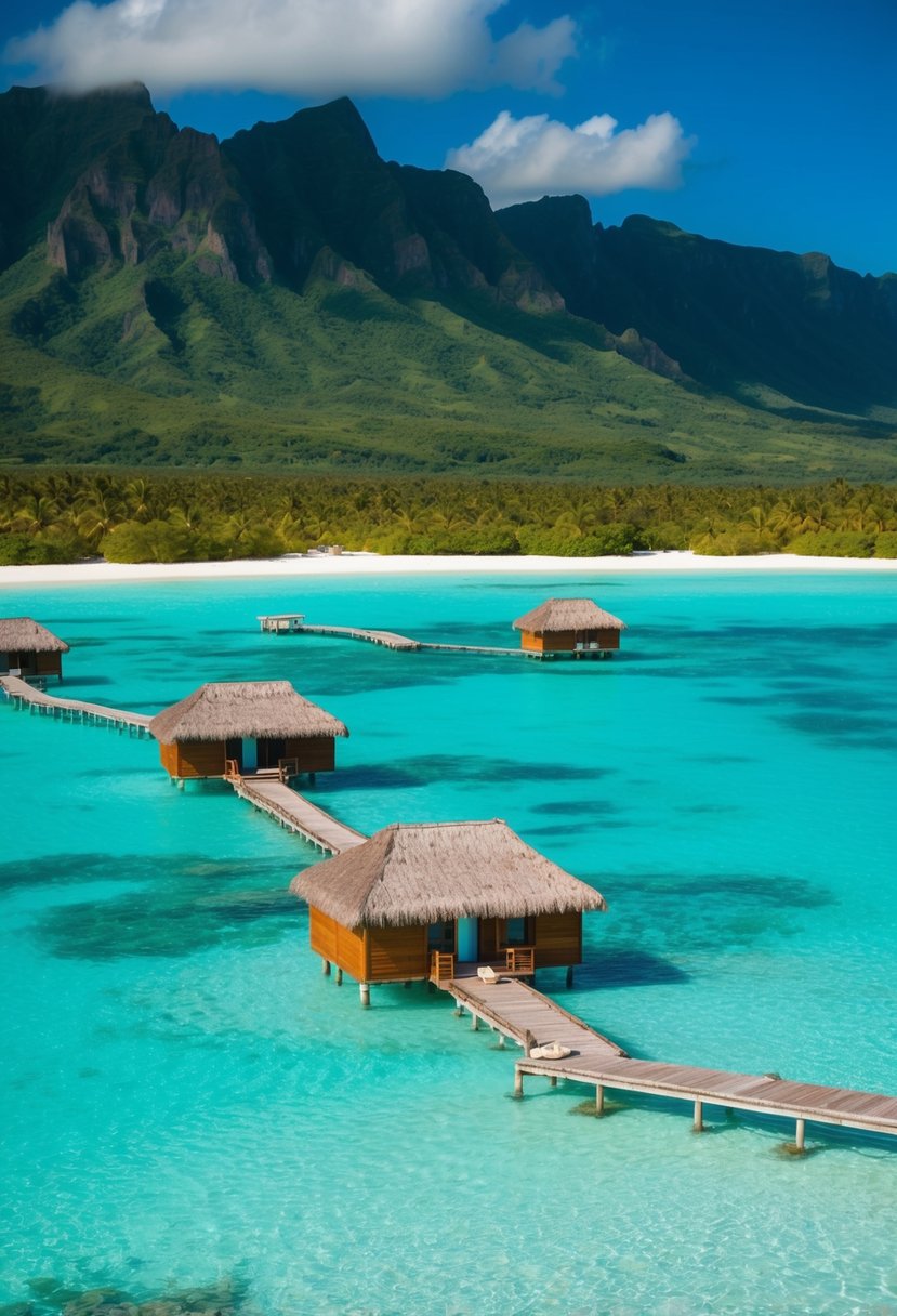 Crystal clear turquoise waters surround overwater bungalows with lush green mountains in the background, creating a picturesque and romantic scene in Bora Bora, French Polynesia