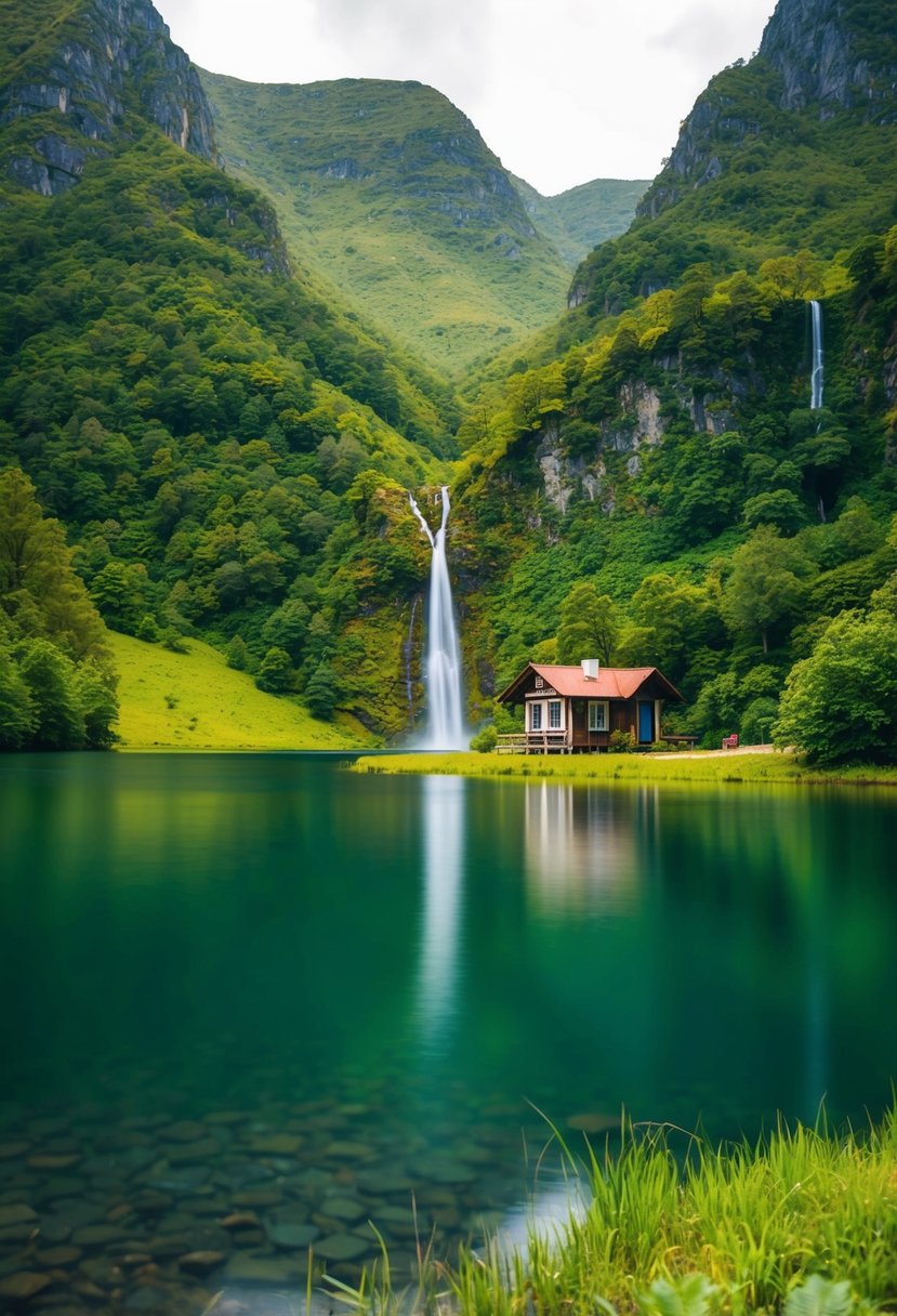 A serene lake nestled in the lush green mountains of Peneda-Gerês National Park, with a quaint cabin and a cascading waterfall in the background