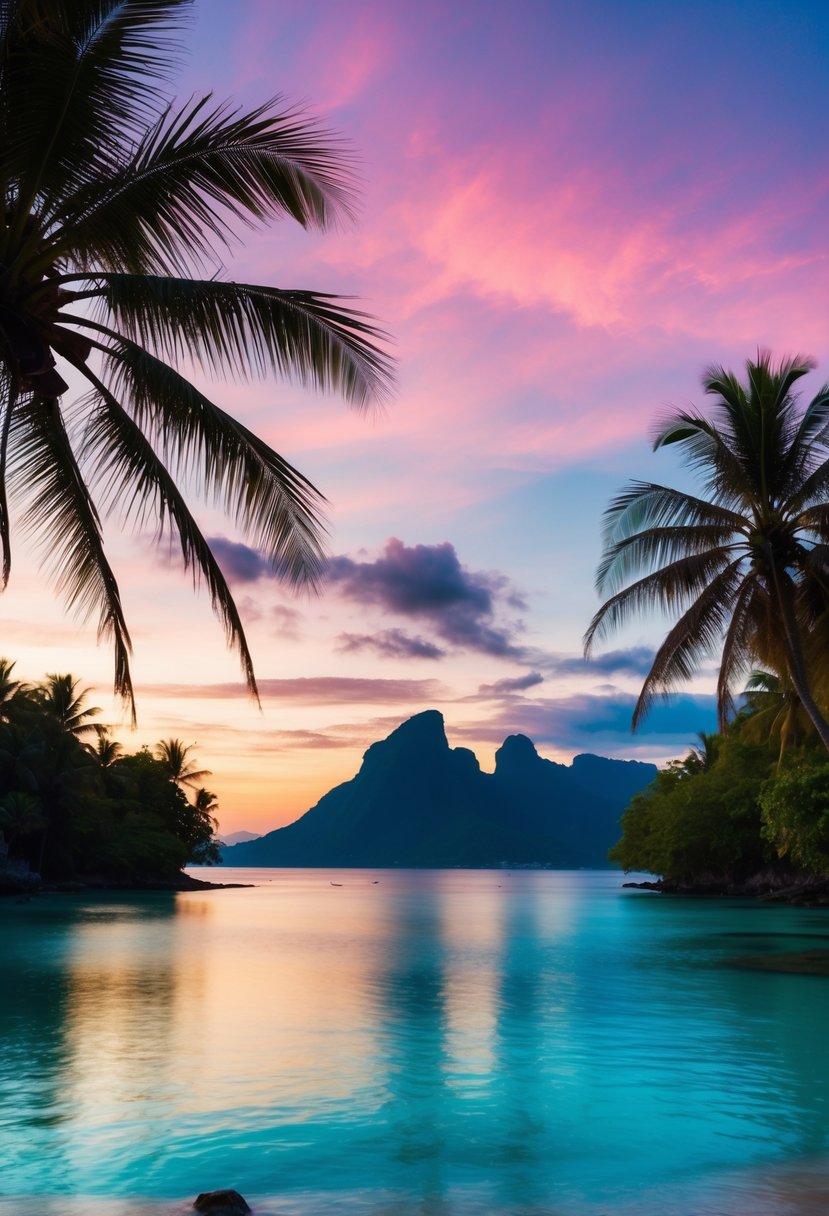 A tranquil beach at sunset, with palm trees, crystal-clear waters, and a colorful sky, perfect for a romantic honeymoon in Bali, Indonesia