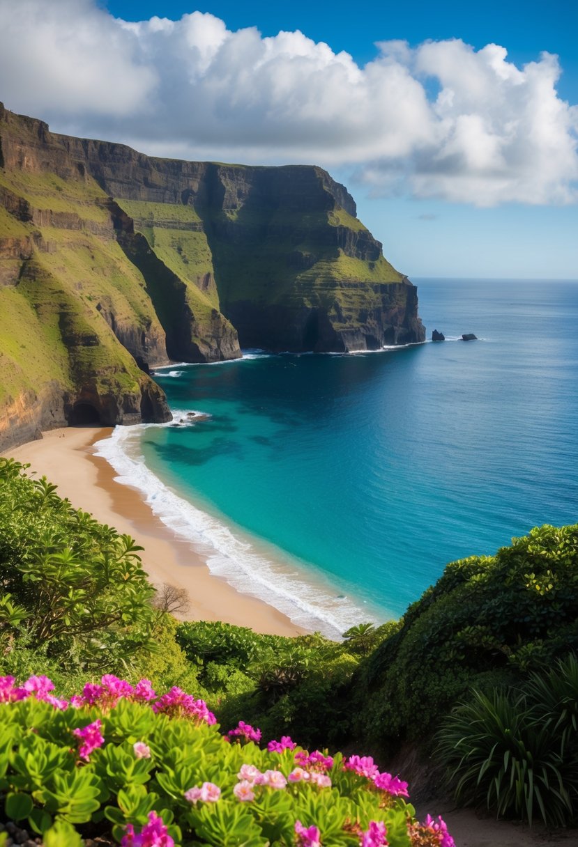 A secluded beach with crystal-clear waters and towering cliffs, surrounded by lush greenery and colorful flowers on Madeira Island, Portugal