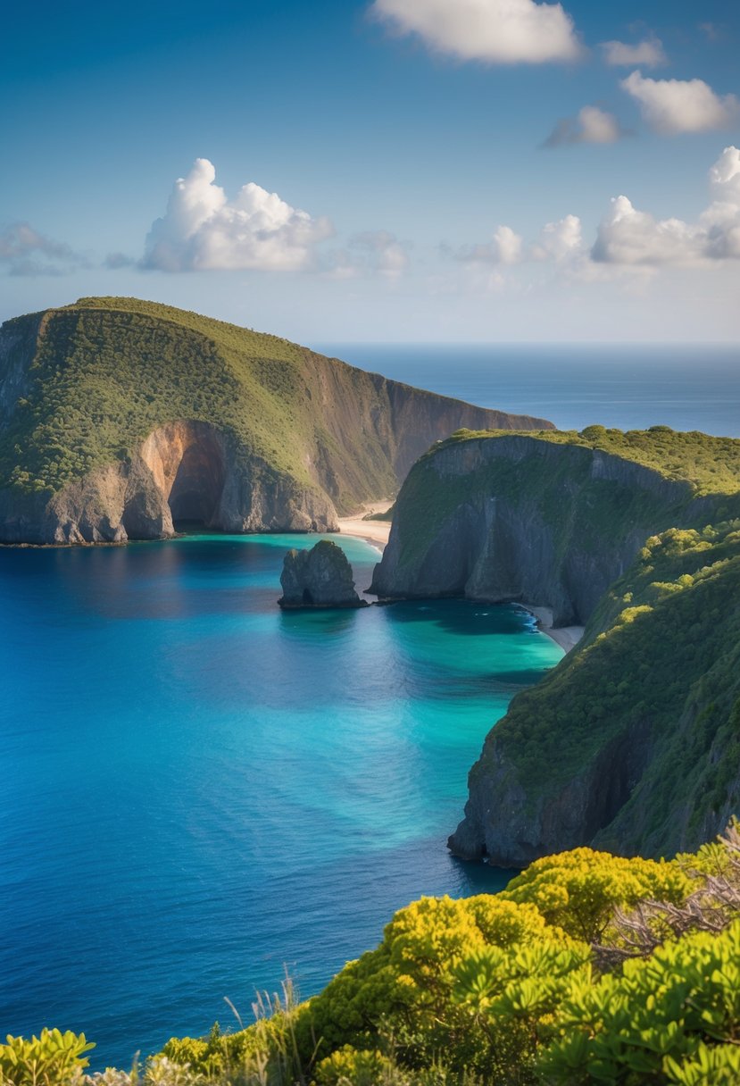 A beautiful coastal landscape with lush greenery, volcanic cliffs, and clear blue waters on São Miguel Island, Portugal