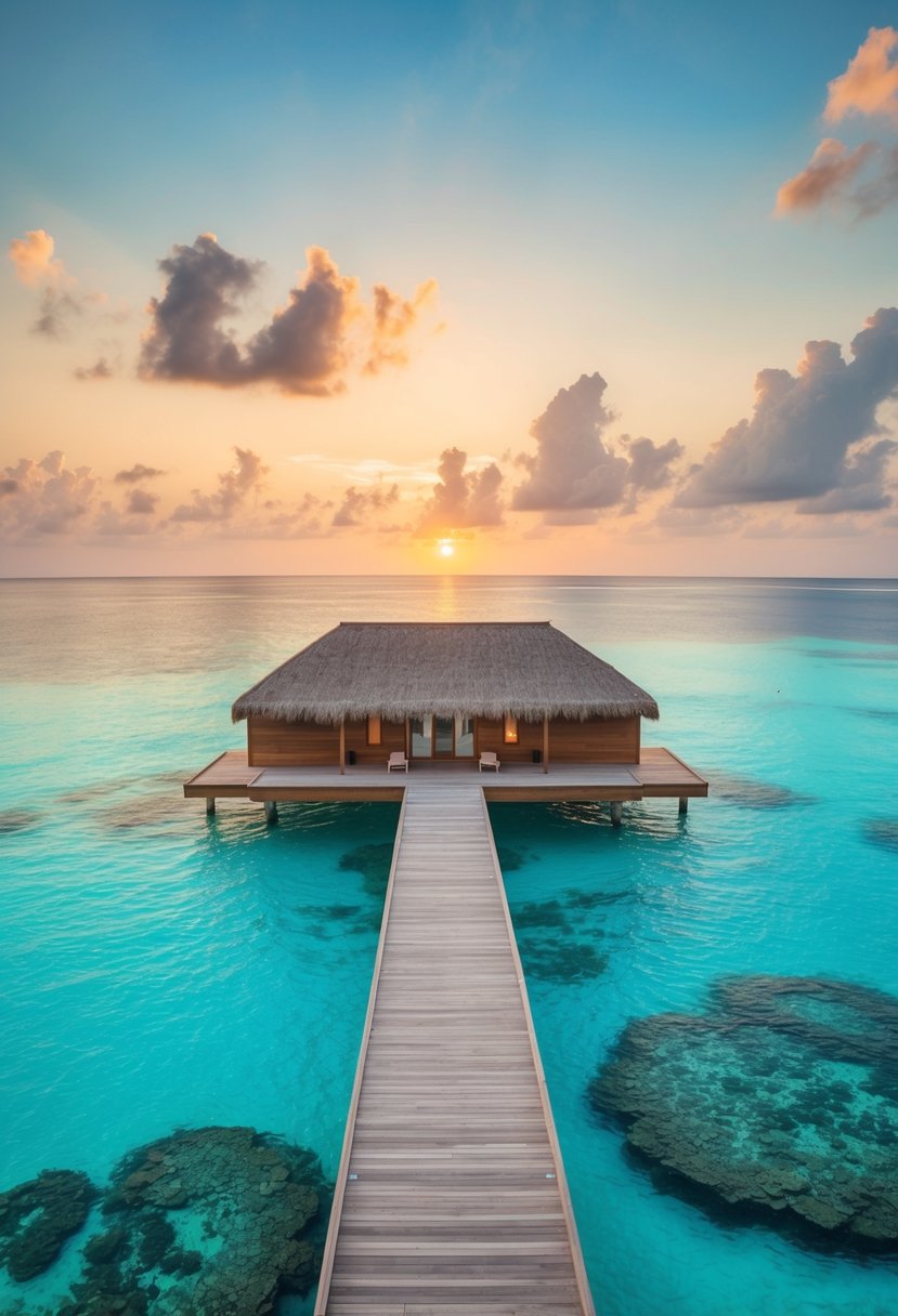 A secluded overwater bungalow in the Maldives, surrounded by crystal-clear turquoise waters and vibrant coral reefs, with a stunning sunset in the background