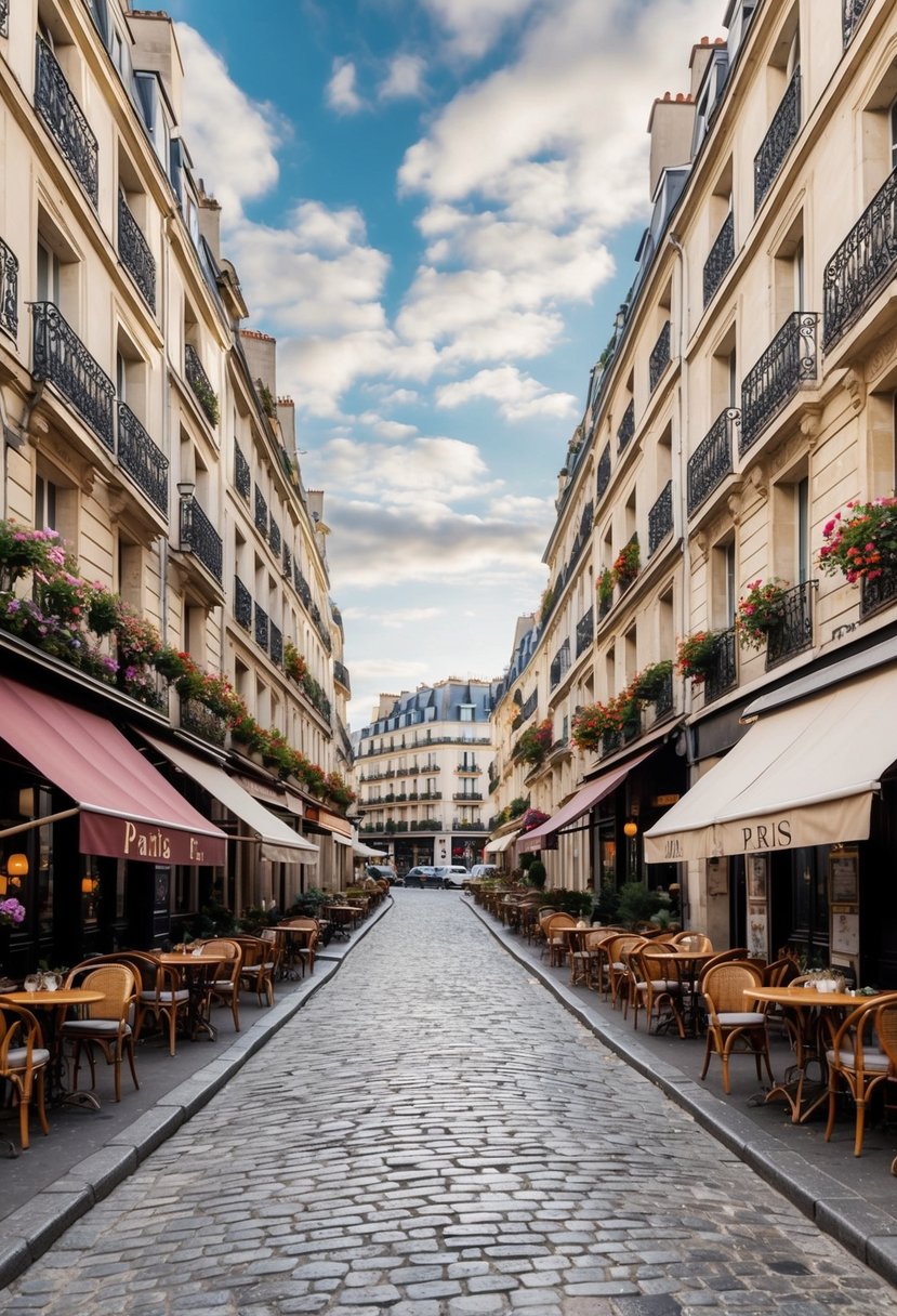A charming cobblestone street lined with quaint cafes and flower-filled balconies in the heart of Paris, France