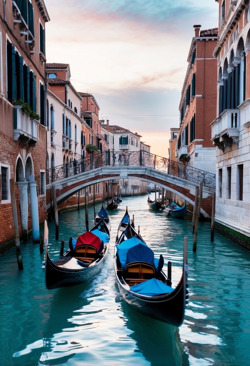 Gondolas glide through narrow canals past historic buildings and quaint bridges in Venice, Italy