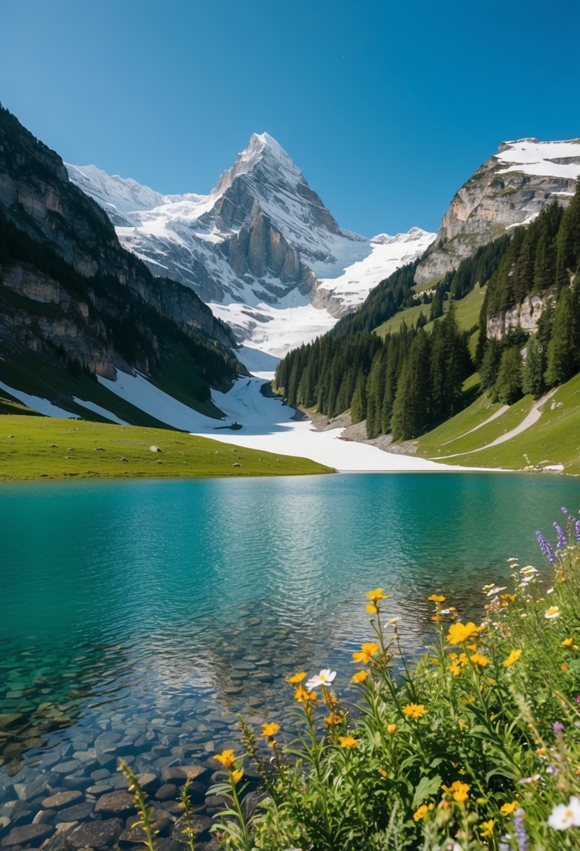 Snow-capped Swiss Alps with a crystal-clear lake in the foreground, surrounded by lush greenery and colorful wildflowers