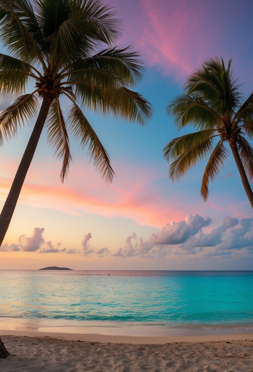 A secluded beach at sunset, palm trees swaying in the breeze, crystal-clear turquoise waters, and a colorful sky creating a romantic atmosphere
