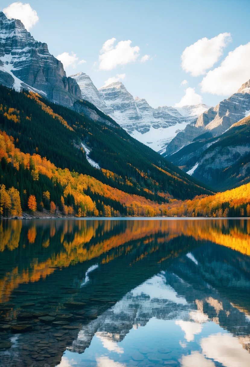 A serene lake nestled between snow-capped mountains, with vibrant autumn foliage reflecting in the clear water