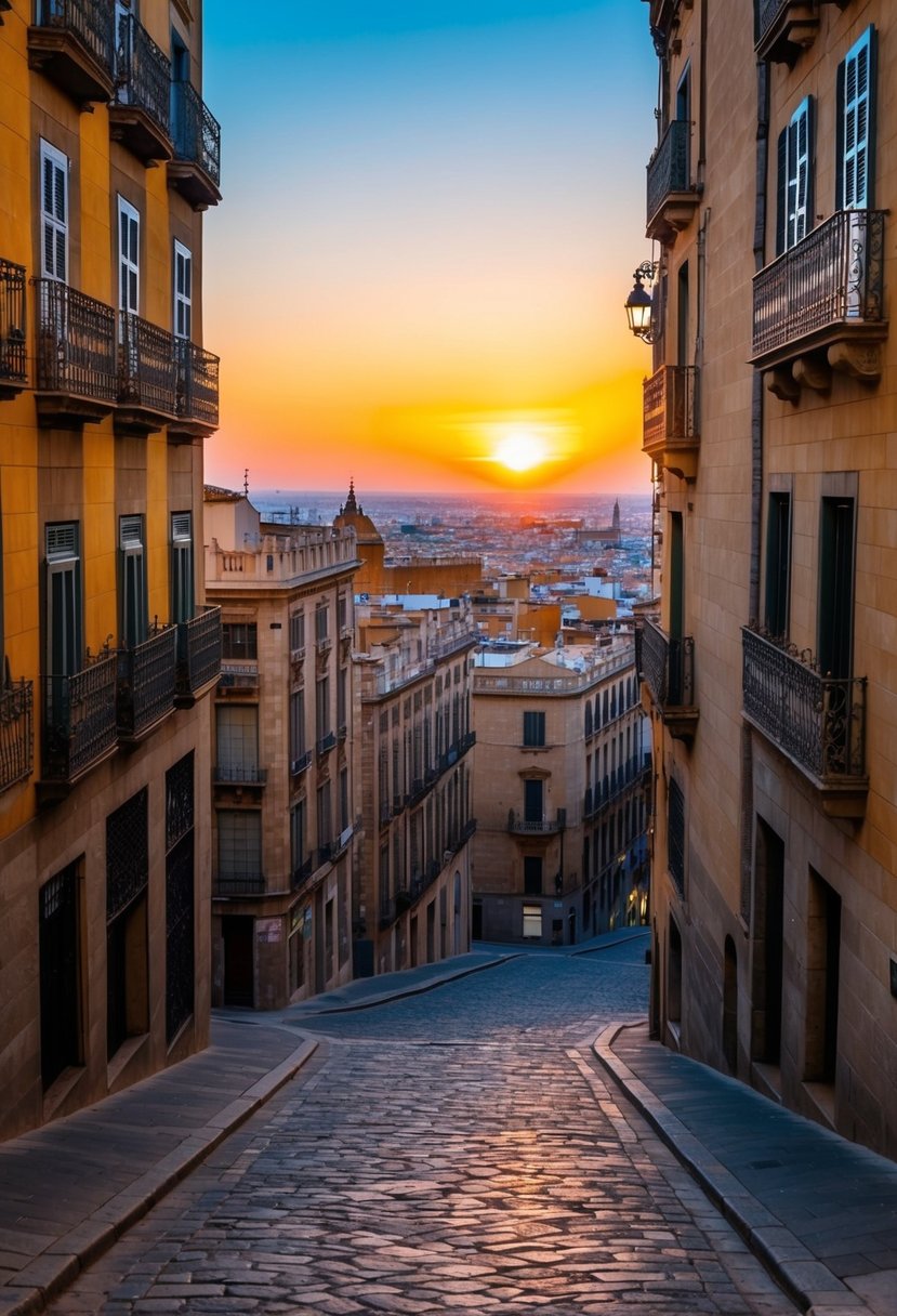 A charming sunset over Barcelona's Gothic Quarter, with its narrow cobblestone streets and historic buildings