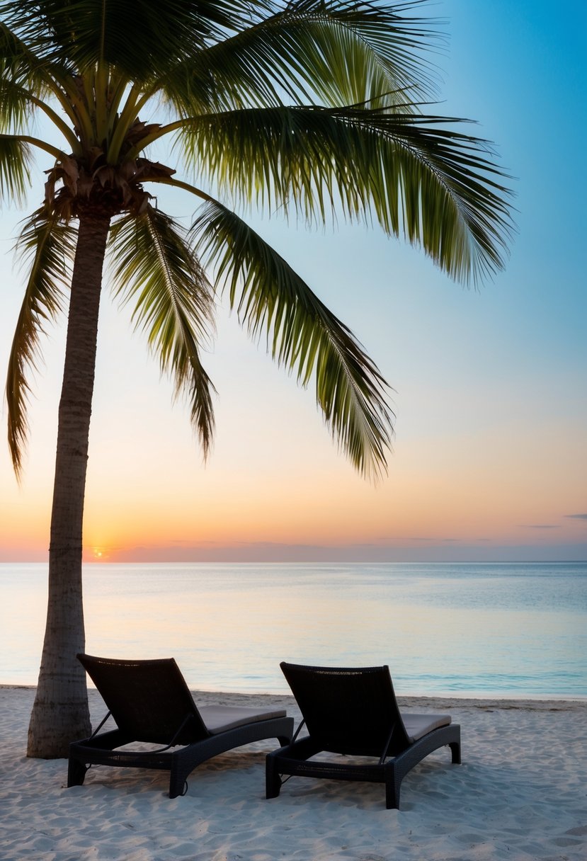 A serene beach at sunset with two empty lounge chairs nestled under a palm tree, overlooking calm, crystal-clear waters