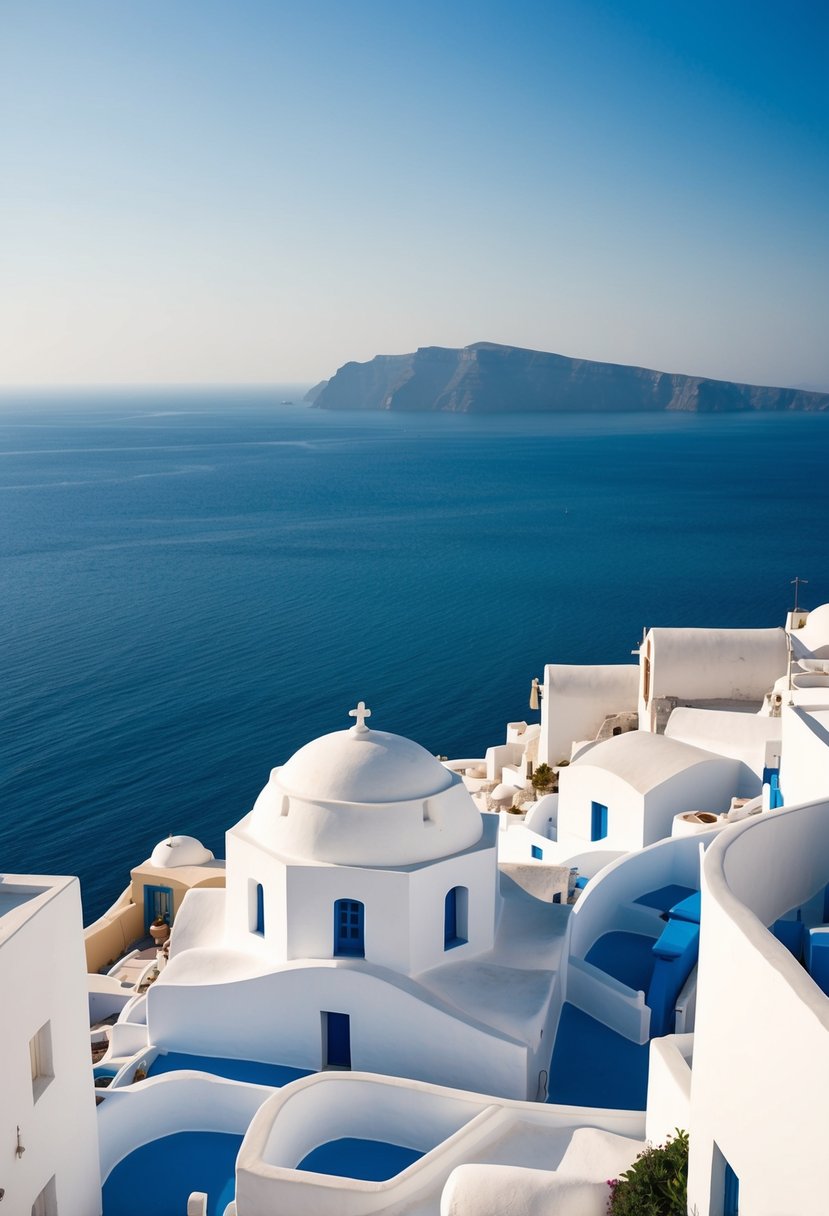 A serene scene of whitewashed buildings against a backdrop of blue sea and sky on the island of Santorini, Greece