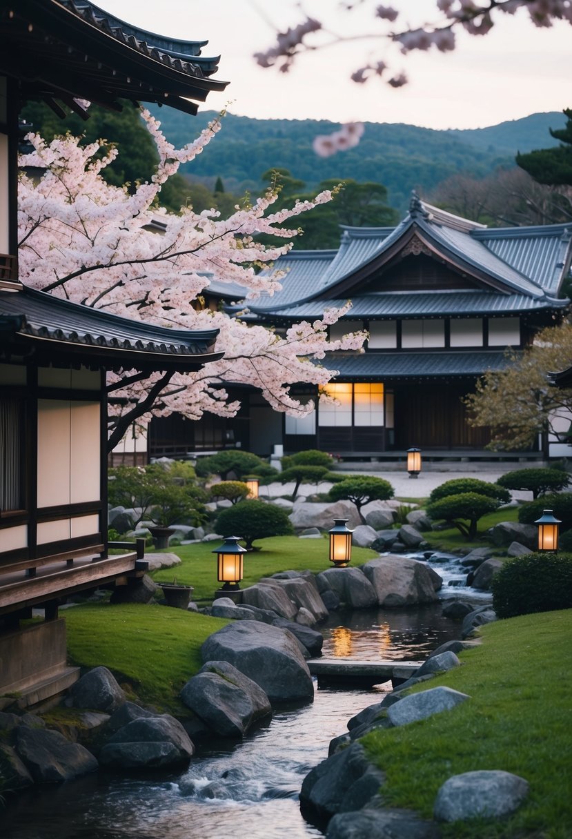 A serene Kyoto garden with traditional wooden houses and a tranquil stream. Cherry blossoms and lanterns adorn the peaceful landscape