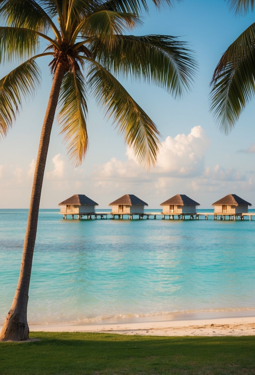 A serene beach with crystal clear waters, palm trees, and overwater bungalows nestled in the distance