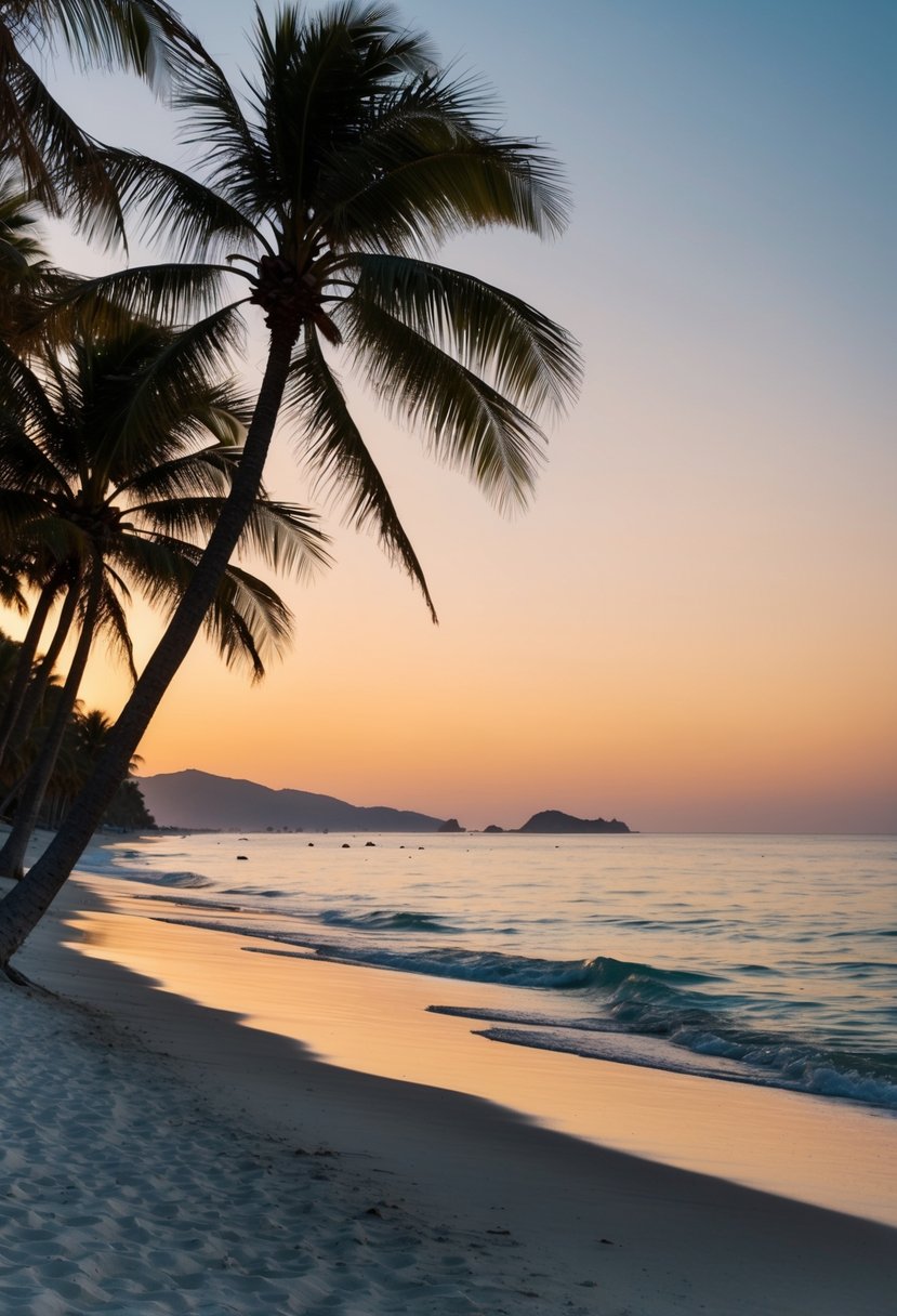 A secluded beach at sunset, with palm trees swaying gently in the warm breeze and the sound of waves lapping against the shore