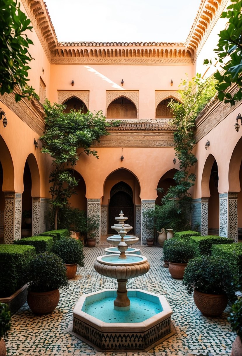 A serene courtyard in Marrakech, Morocco, with ornate fountains and lush greenery, surrounded by traditional Moroccan architecture