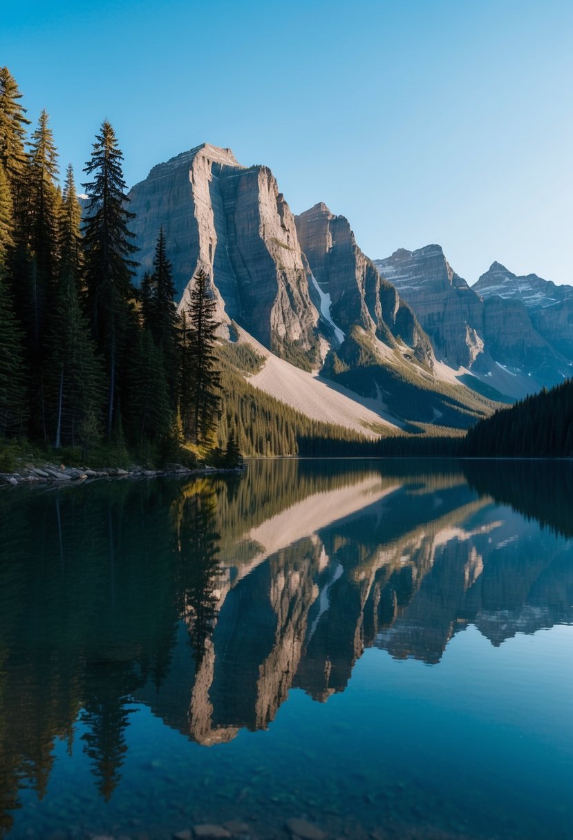 A serene lake nestled in the Canadian Rockies, surrounded by towering mountains and lush evergreen forests. The water reflects the clear blue sky, creating a peaceful and romantic setting for a quiet honeymoon