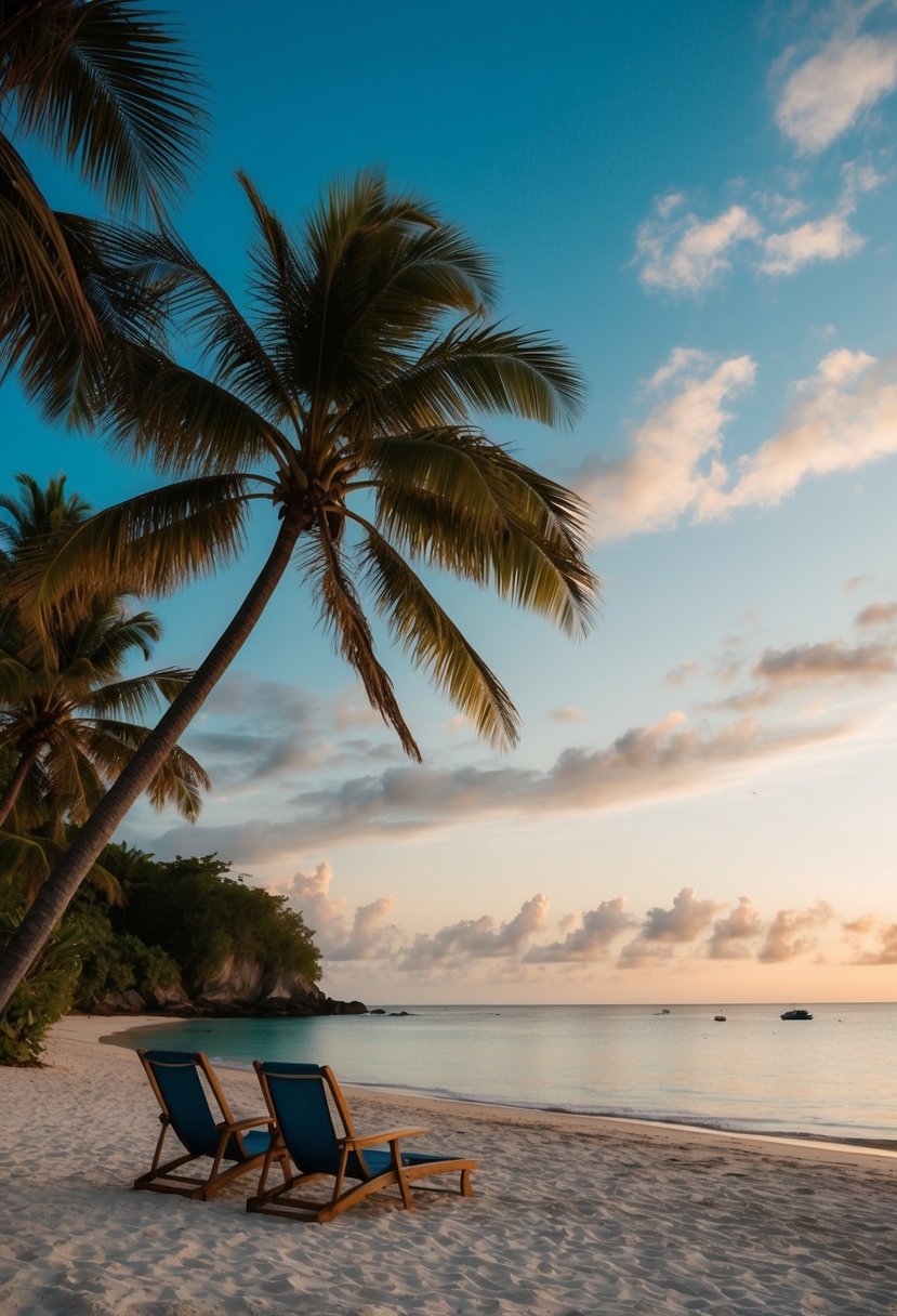 A secluded beach at sunset in Seychelles, with palm trees, calm ocean, and a couple of beach chairs
