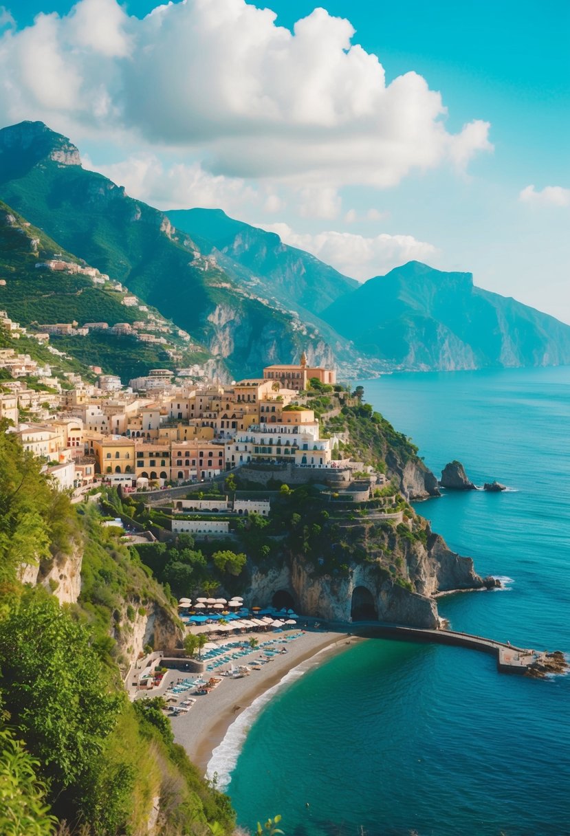 Lush green mountains overlook the sparkling blue waters of the Amalfi Coast, with quaint villages perched on the cliffs