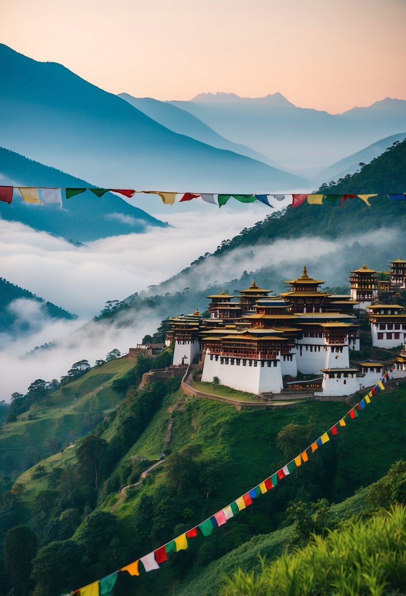 A serene landscape of misty mountains, colorful prayer flags, and traditional Bhutanese architecture nestled in lush green valleys