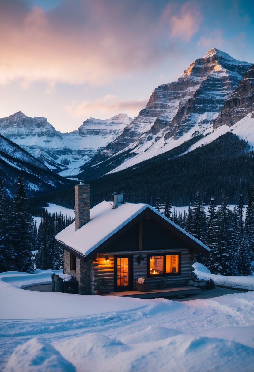 A cozy cabin nestled in the snow-covered mountains of Banff, Canada, with a warm fire burning inside and a breathtaking view of the surrounding peaks
