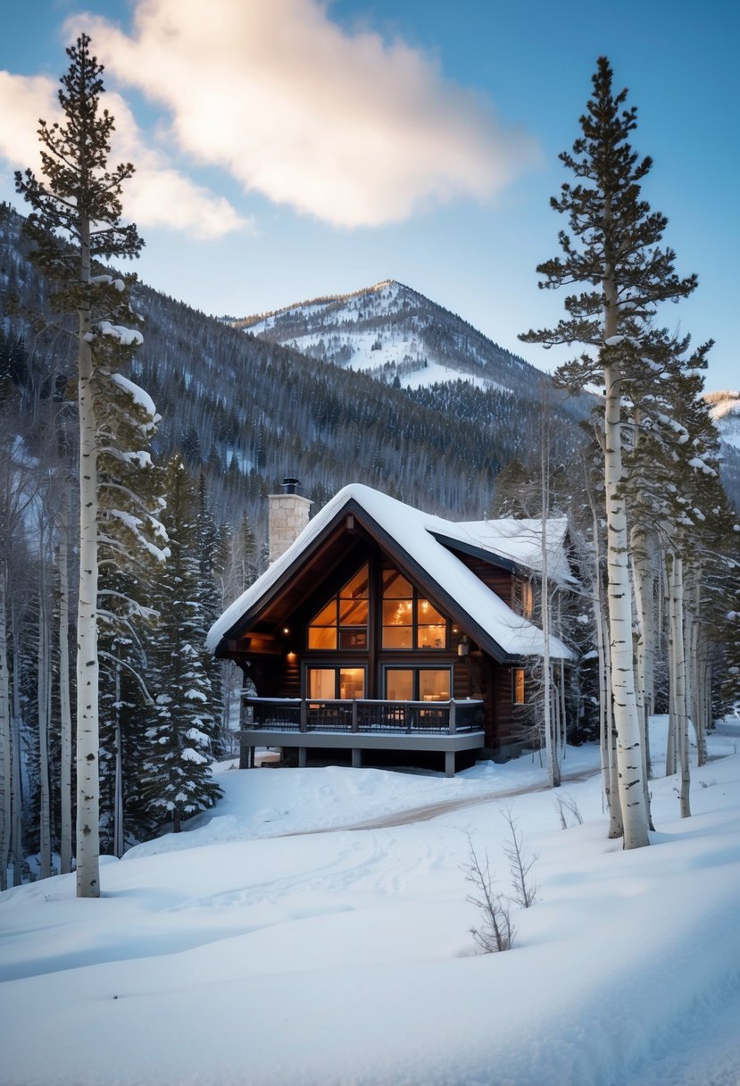 A cozy cabin nestled among snow-covered aspen trees in the serene mountains of Aspen, USA