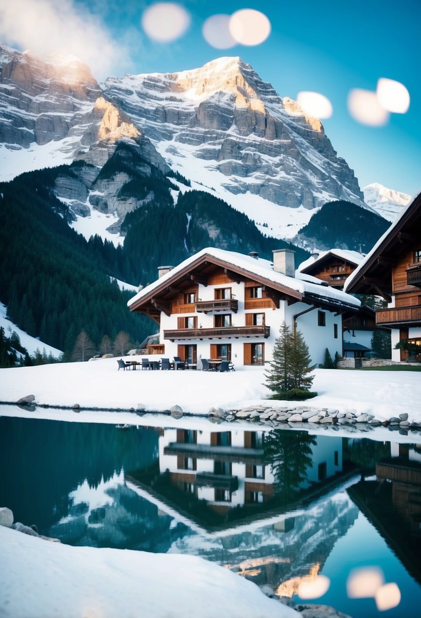 A cozy chalet nestled in the snowy Swiss Alps, surrounded by towering peaks and a serene mountain lake