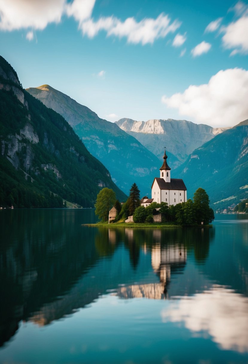 A serene lake reflecting the surrounding mountains, with a quaint church on an island, and a castle perched on a cliffside