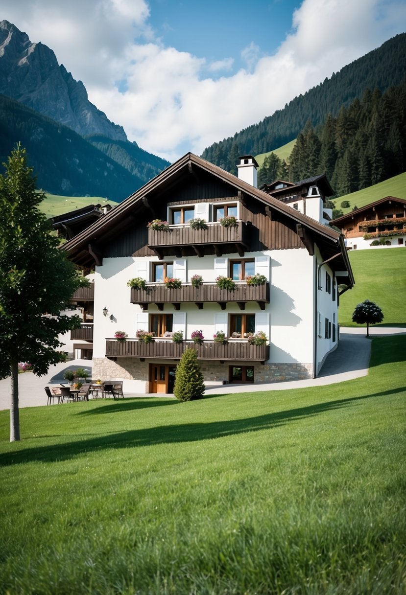 A cozy Swiss chalet nestled in the mountains, surrounded by serene alpine scenery and a peaceful atmosphere at Fernweh Inn