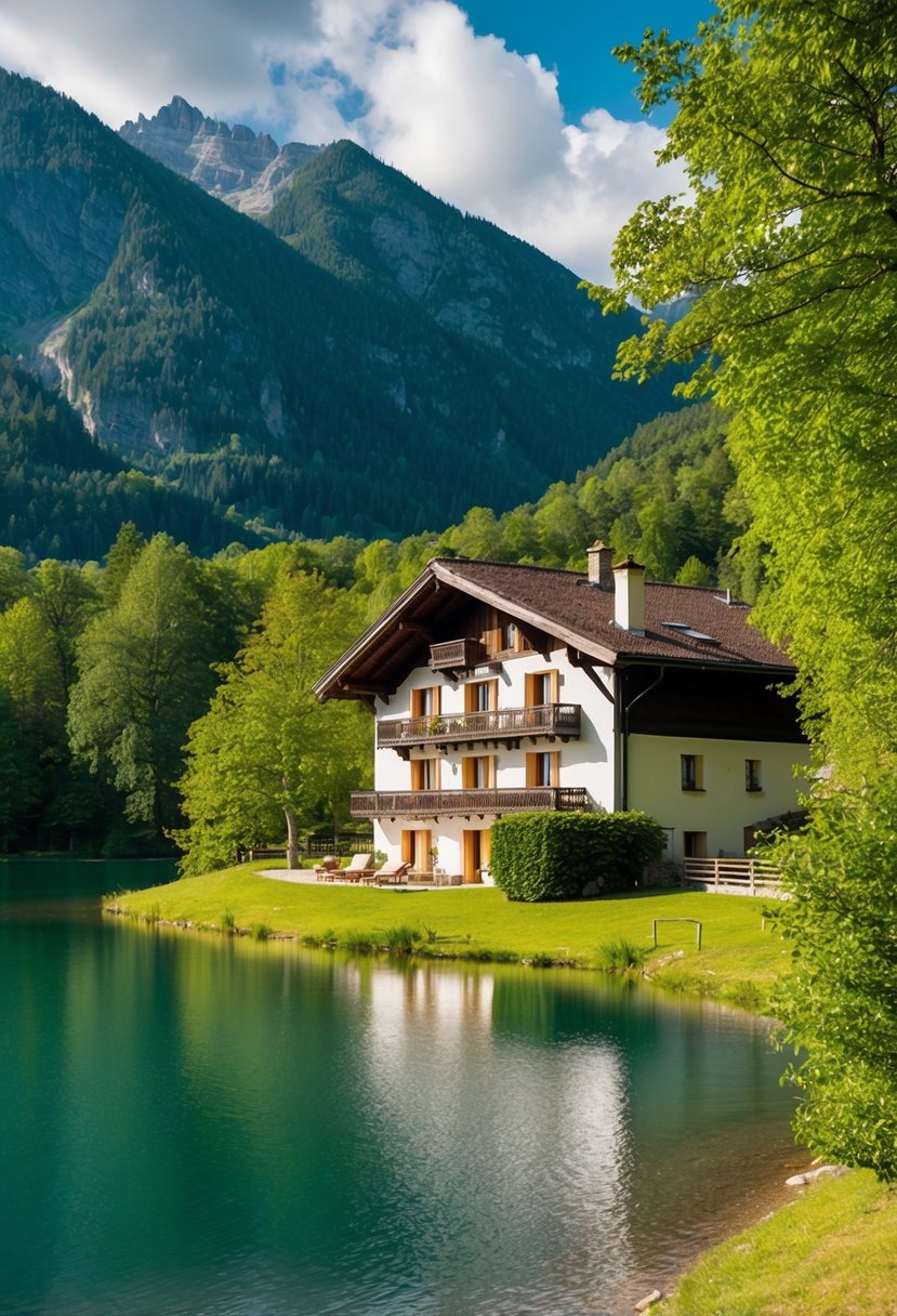 A cozy chalet nestled in the French Alps, overlooking a serene lake and surrounded by lush, green mountains
