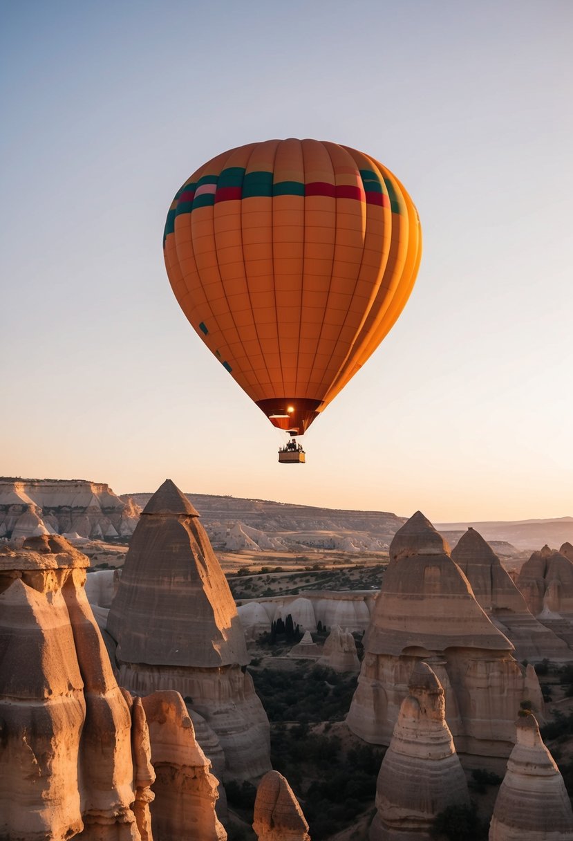 A hot air balloon floats over the unique rock formations of Cappadocia, Turkey at sunrise