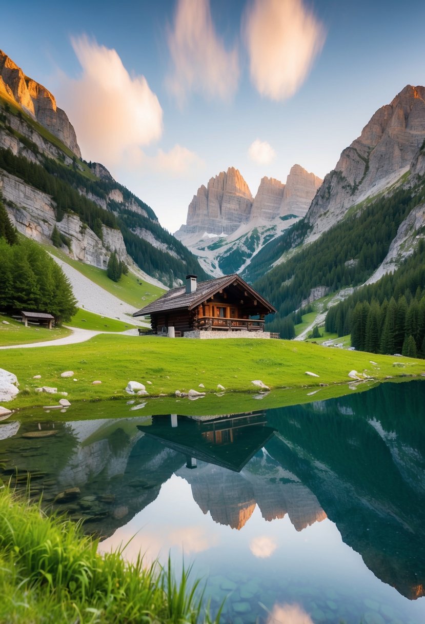 A cozy cabin nestled in the rugged Dolomite mountains, surrounded by lush greenery and a serene alpine lake
