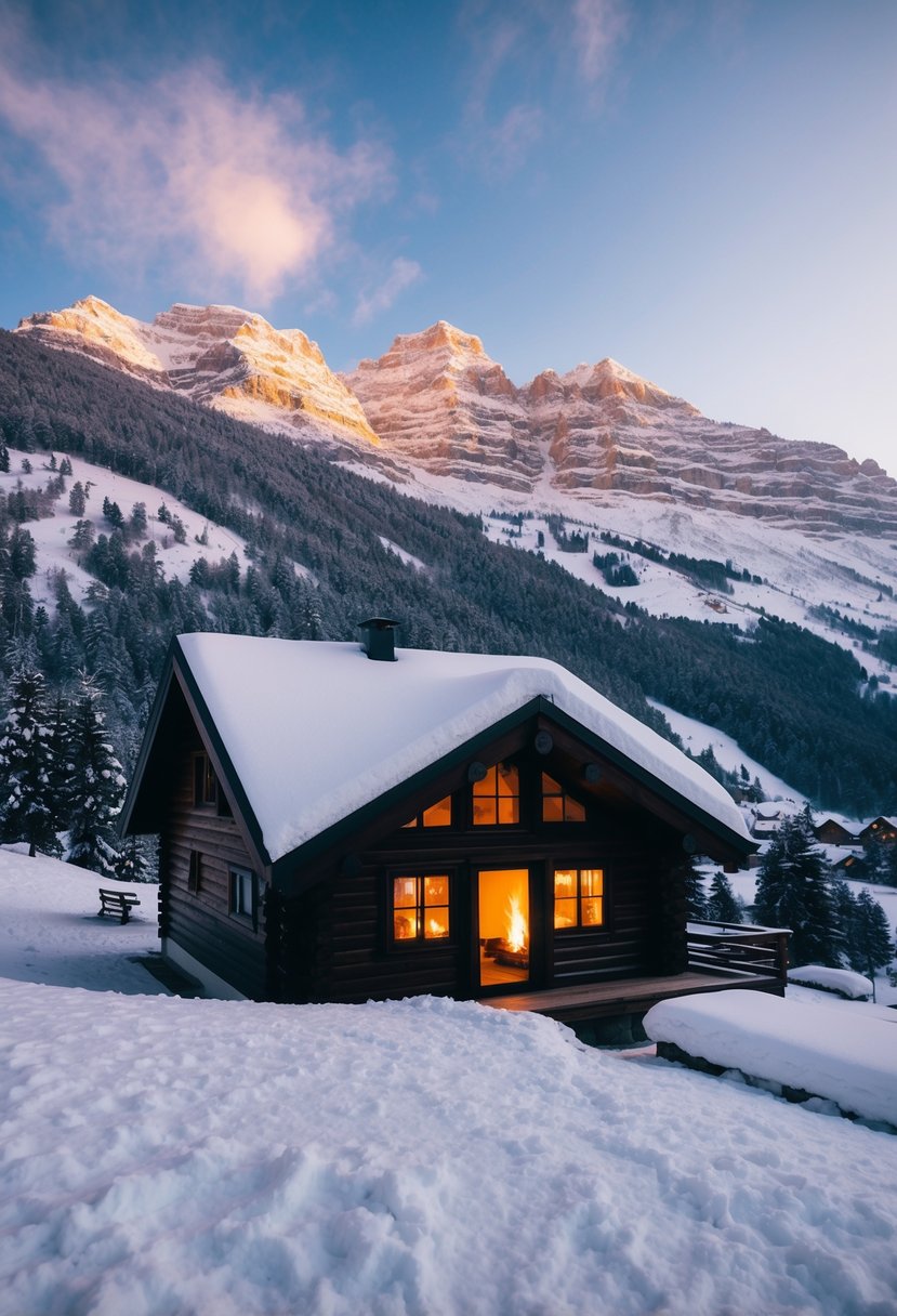 A cozy cabin nestled in the snow-covered mountains of Zakopane, with a warm fire glowing inside and a picturesque view of the surrounding peaks