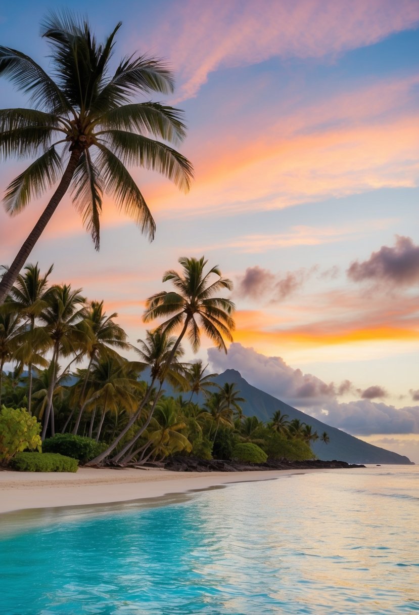 A serene beach in Tahiti, with crystal-clear waters, palm trees, and a colorful sunset