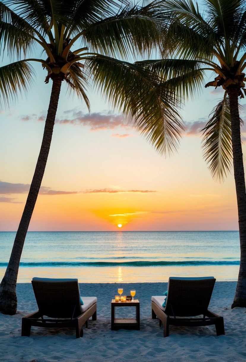 A serene beach at sunset with palm trees, turquoise water, and a couple of lounge chairs set up for a romantic evening