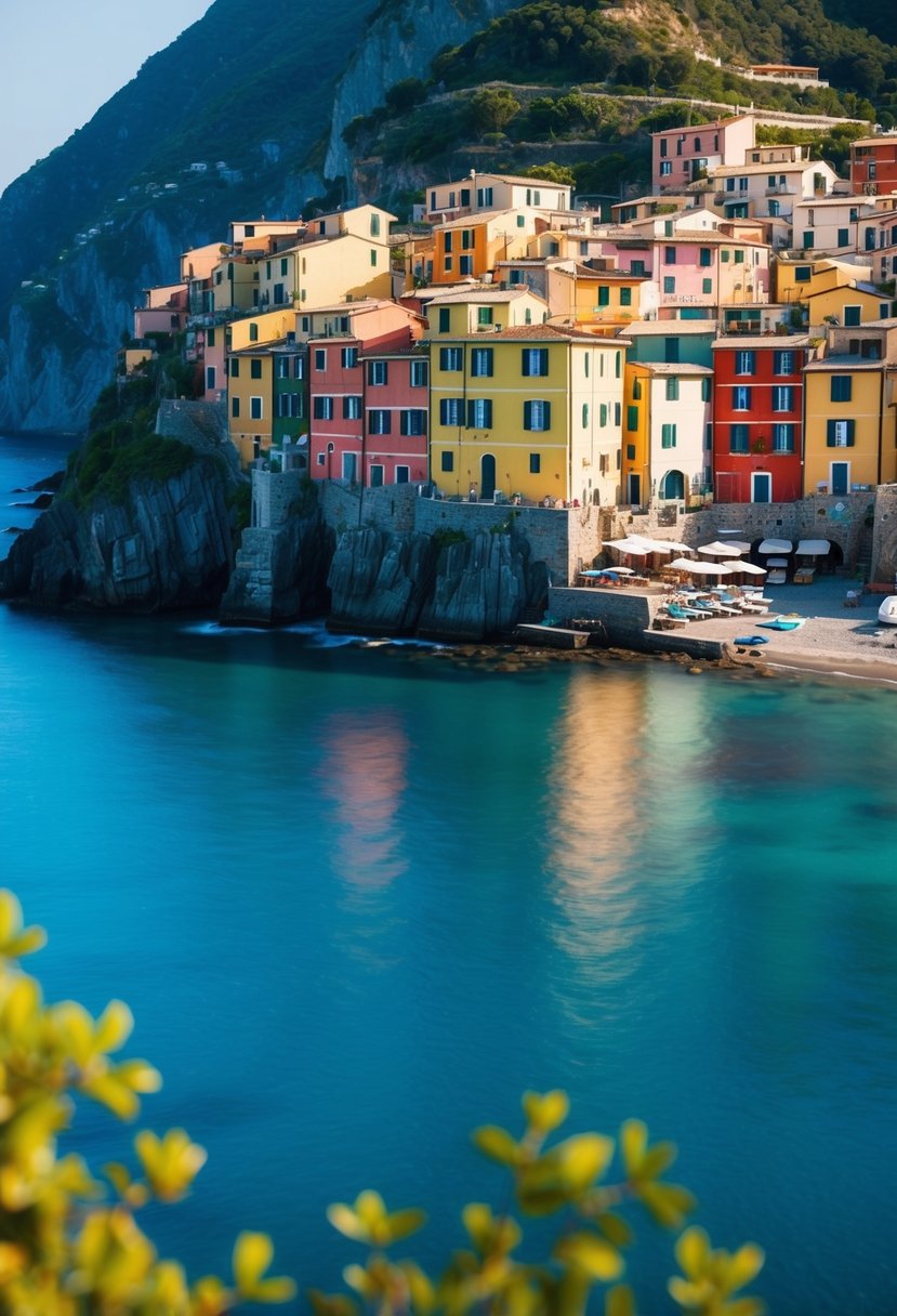 A serene coastal village in Cinque Terre, Italy with colorful buildings nestled into the cliffs overlooking the calm, turquoise sea
