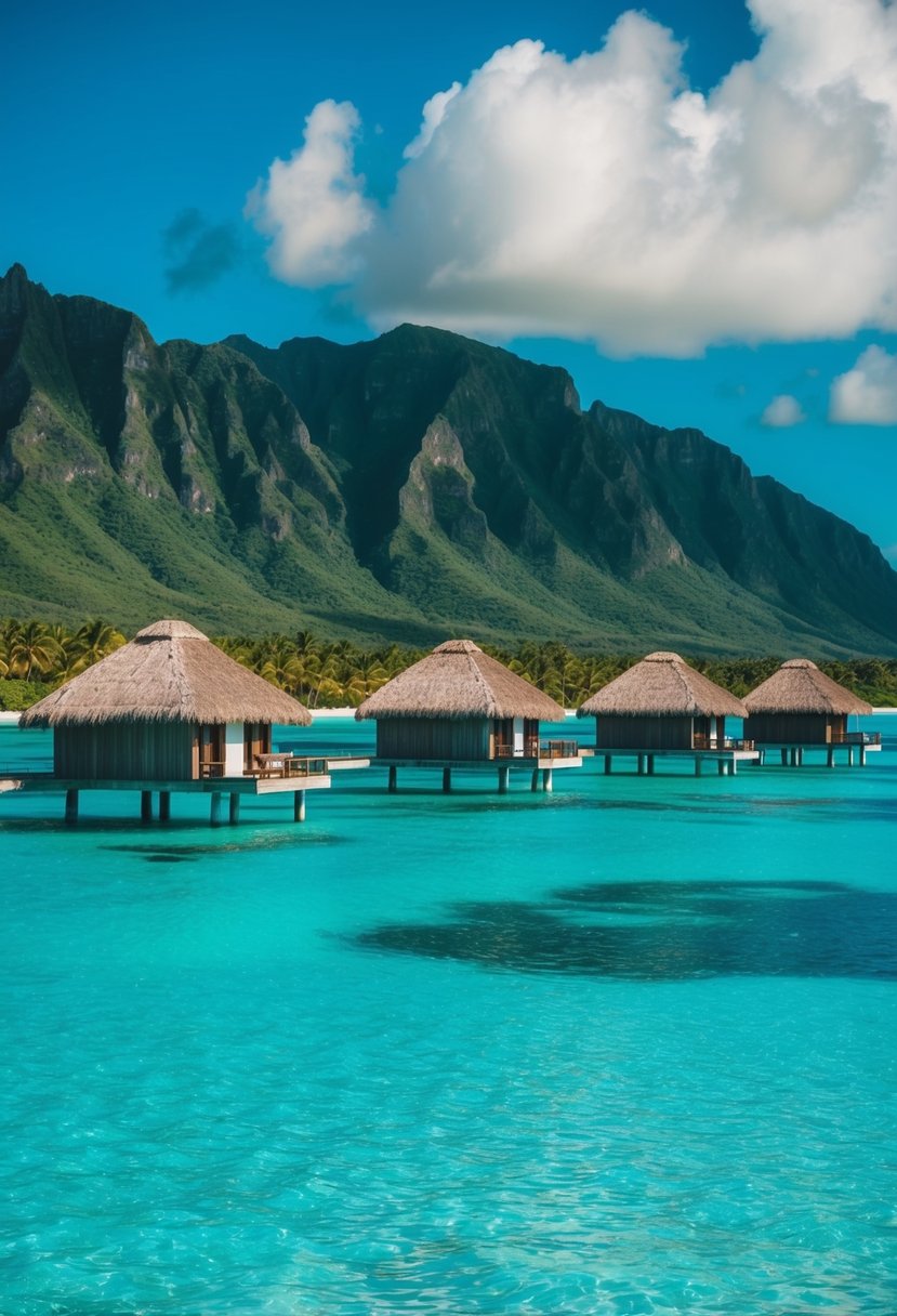Crystal-clear turquoise water surrounds overwater bungalows with thatched roofs on stilts, nestled against lush green mountains on Bora Bora, French Polynesia