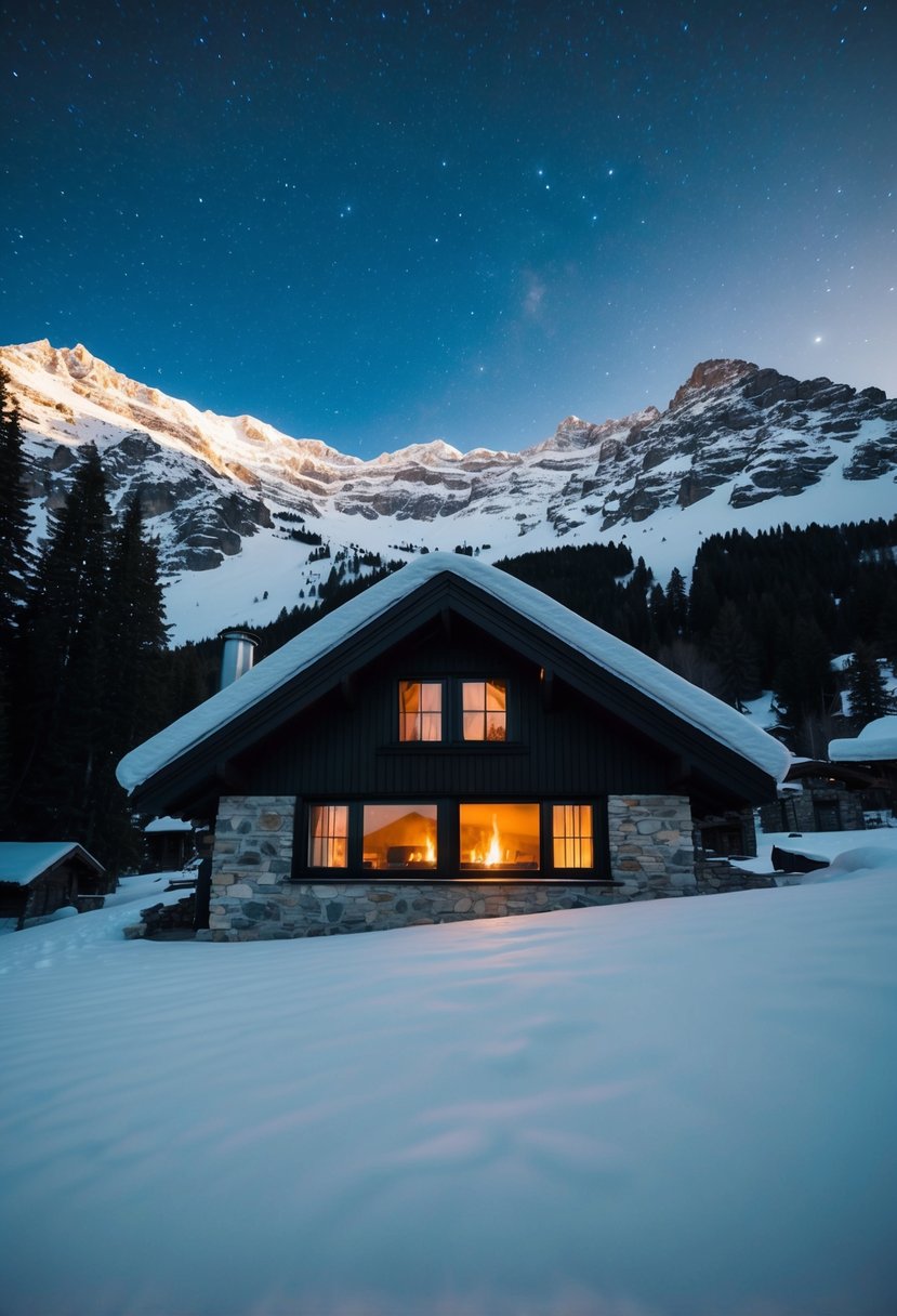 A cozy alpine cabin nestled among snow-capped mountains, with a warm fire glowing inside and a clear starry sky above